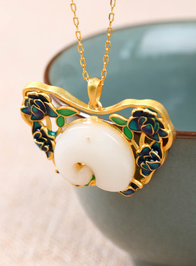 旅游景点热卖中国风设计感珐琅彩镶嵌福气大象仿和田玉平安锁项链
