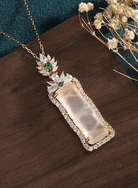 民族风竹叶节节高升挂坠大玉髓无事牌项链吉祥物旗袍汉服宫廷配饰