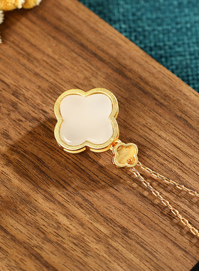 旅游景点摆地摊同款项坠饰中国风复古仿和田玉珐琅工艺四叶草项链