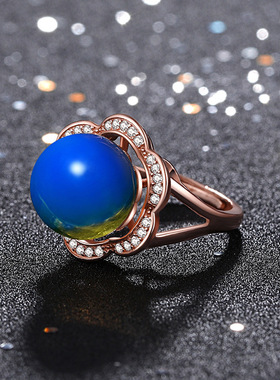 戒指汉服旗袍轻奢风镶嵌墨西哥3A净水合成蓝珀玫瑰金开口可调指环