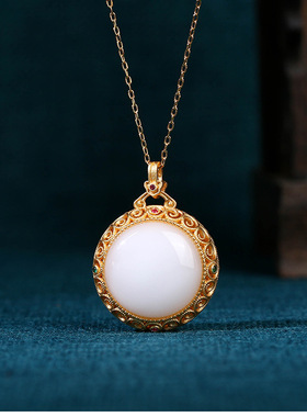 镂空香料坠香囊嘎乌盒嵌仿玉石镀金锁骨链项可打开吊坠无事牌项链