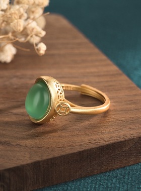 新款铜镀金指环复古宫廷汉服配饰中国风古典镶嵌绿玉髓元宝戒指女