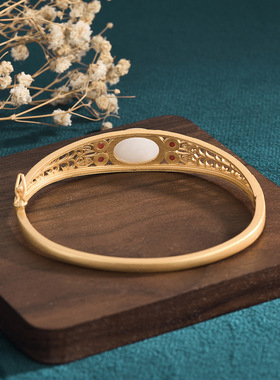 汉服饰配国潮铜镀金镶嵌仿和田玉白玉女复古法金高贵气质手镯手环