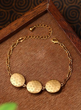 跨境气质复古风椭圆几何绿宝石配件链条铜镀金手链小红薯直播热销