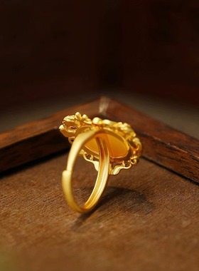 2025夏新款保色镀金镂空仿琥珀蜜蜡中国风旗袍汉服宫廷设计戒指女