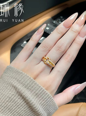 足金999双扣拉丝点钻黄金戒指女2024新款镶嵌绸缎ins风莫桑钻戒子