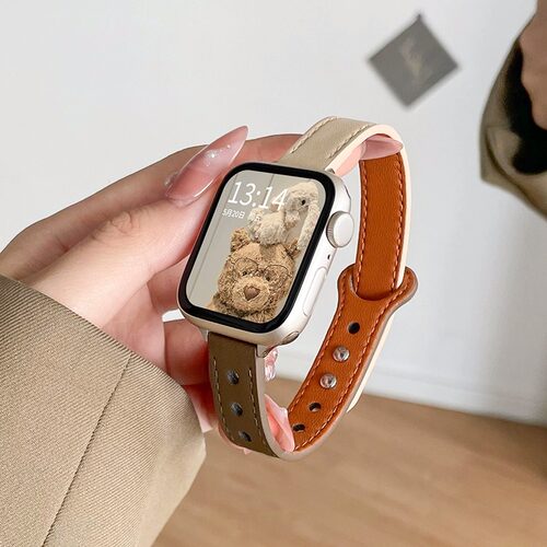 适用iwatch10表带S11小清新美拉德撞色双扣皮质苹果手表s9s8/7/6/5/SE3高级感applewatch男女表带保护壳配件 - 图0