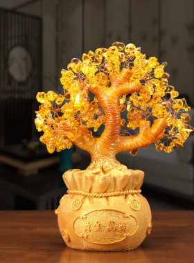 中式黄水晶摇钱树钱袋摆件家居酒柜装饰工艺品厂家直销
