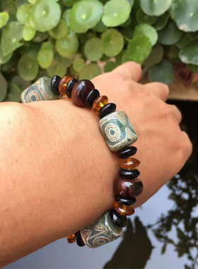 藏式绿色三眼财神天珠手串手链男