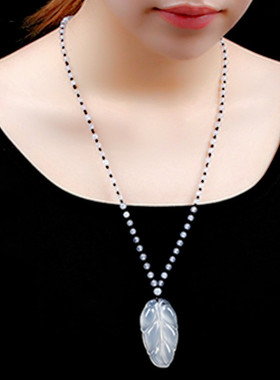 绿玛瑙树叶吊坠满珠项链毛衣链女