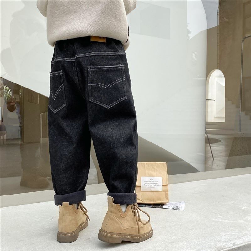 海妈家2024男童秋冬新款加绒加厚冬装牛仔裤儿童韩版童装裤子宽松