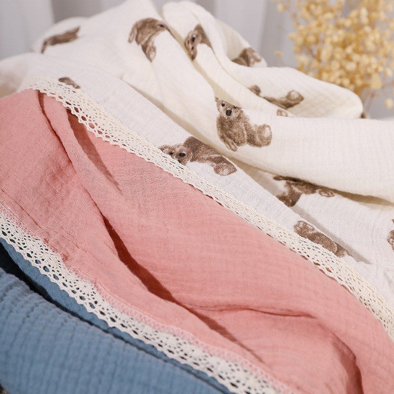 INS儿童纱巾布盖毯纯色印花双层棉布蕾丝婴儿推车挡风毯浴巾包被,淘宝优惠券,粉丝福利购,淘宝优惠卷