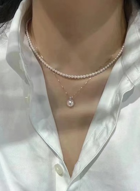【2条可叠戴】珍珠项链小米珠天然正圆强光单颗澳白珍珠吊坠
