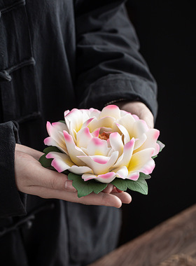 陶瓷捏牡丹花摆件莲花线香插创意禅意家居酒店客厅茶桌