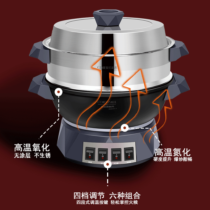 巧姐儿电炒锅家用多功能电热锅铸铁电锅煮饭蒸炖一体式插电炒菜锅-图1