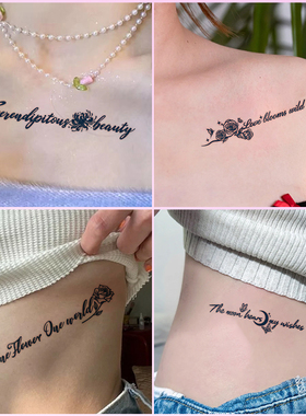 6张英文花朵草本纹身贴女tattoo防水持久锁骨腹部高级感果汁贴纸