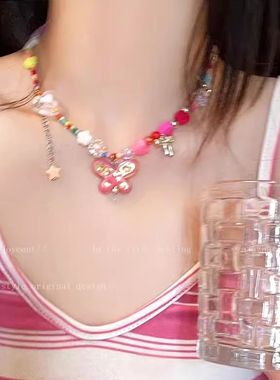夏日彩虹糖果彩色项链串珠设计流苏女小众锁骨配饰多巴胺甜酷辣妹