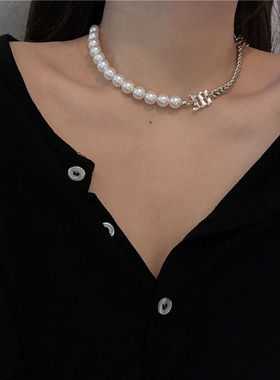 冷淡风网红反光珍珠m字项链女ins嘻哈拼接字母卫衣链男