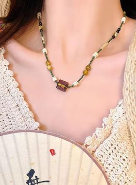 新中式复古串珠方块项链女小众高级设计感民族风叠戴蝴蝶吊坠锁骨