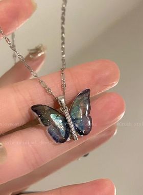 彩色蝴蝶简约锁骨链女高级设计韩版奢小众潮不钛钢颈链项链