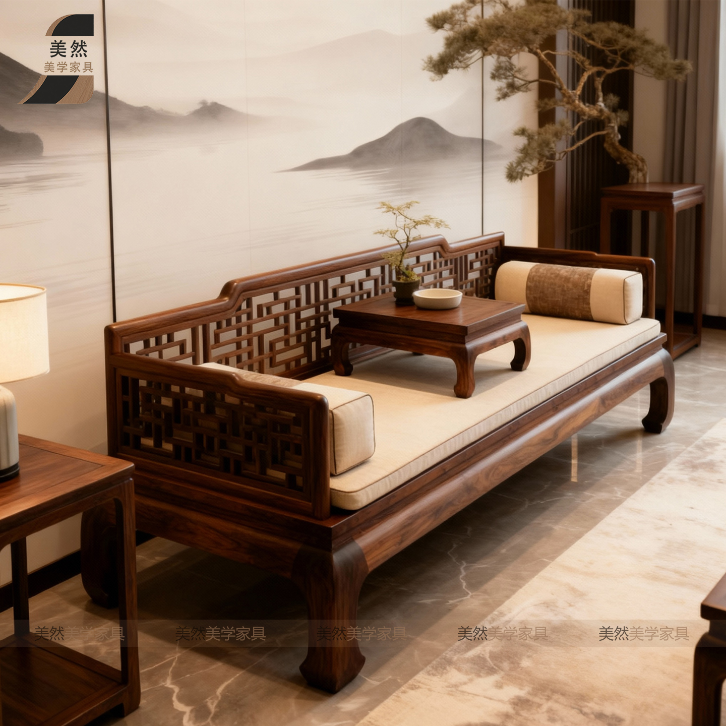 新中式北美黑胡桃木实木罗汉床宋式美学客厅休闲高端大气罗汉沙发 - 图0