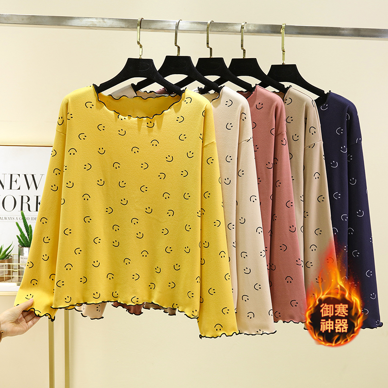 大码印花休闲上衣女秋冬宽松德绒笑脸家居服可外穿双面绒t恤睡衣 - 图1