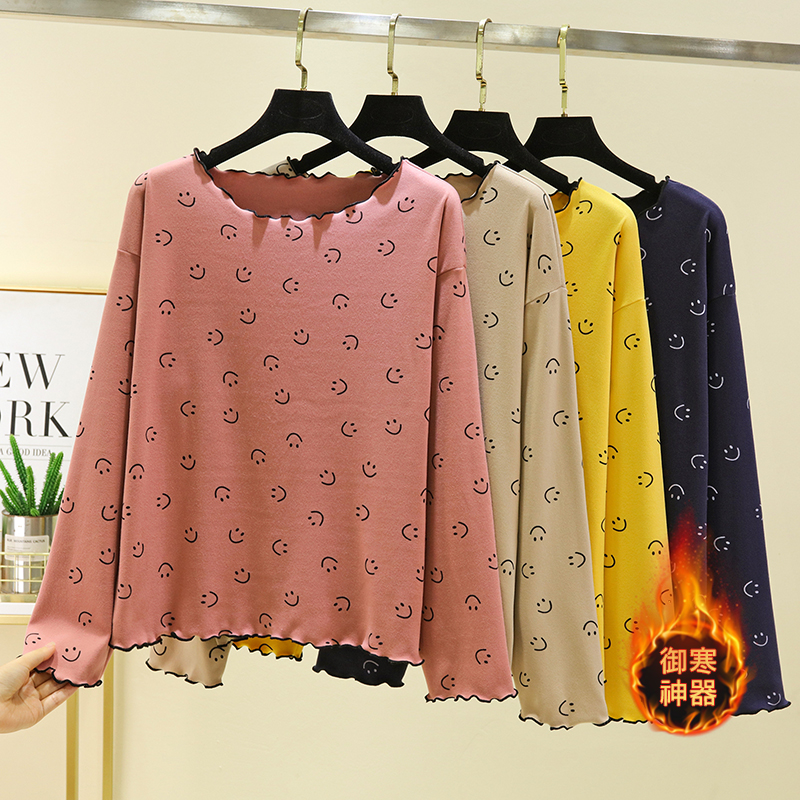 大码印花休闲上衣女秋冬宽松德绒笑脸家居服可外穿双面绒t恤睡衣 - 图0