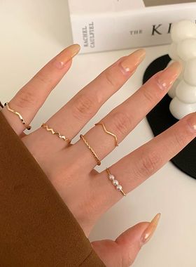 唯美日韩简约波浪形戒指五件套个指环不可调节网红尾戒指女 C