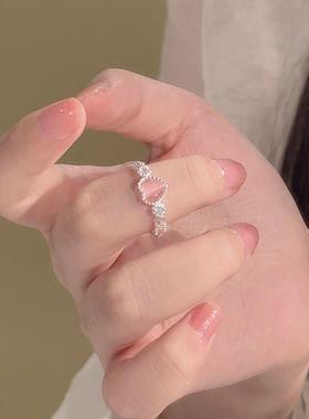 粉色爱心戒指ins学生食指戒高级高颜值潮少女感甜美可调节指环女