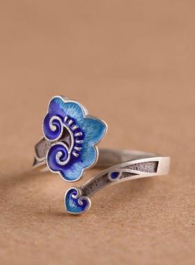 2026新款女士复古蓝色祥云如意滴油戒指宫廷风珐琅开口戒