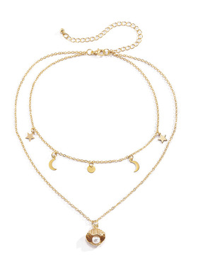 简约海洋风扇贝仿珍珠双层项链欧