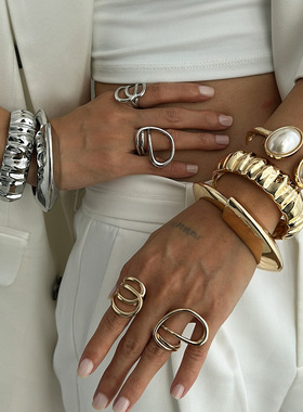 欧美夸张ins风液态金属褶皱手镯 时尚巴洛克仿珍珠开口手环饰品女