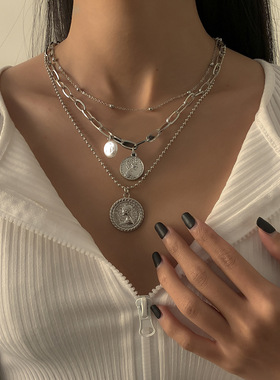 欧美跨境饰品 简约几何珍珠细链条项饰 复古女王头像吊牌项链女