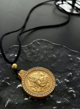 国潮金色复古锆石黑色绳子佛像吊