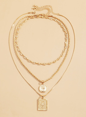 复古风简约几何金属人像吊牌项链