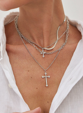 欧美跨境个性镶钻十字架吊坠项链