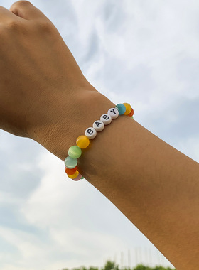 欧美跨境饰品彩色猫眼石弹力字母