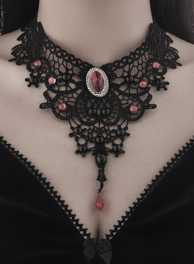 欧美跨境复古哥特风花边蕾丝珍珠项链 暗黑系红宝石水晶吊坠项圈