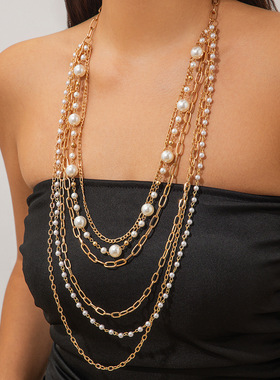 欧美跨境气质仿珍珠串珠长款项链