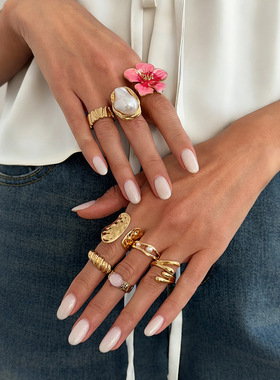 欧美跨境甜酷风粉色滴油花朵戒指