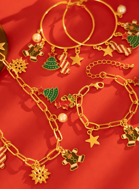 欧美跨境创意圣诞节铃铛圣诞树吊坠项链 个性节日雪花糖果项饰女