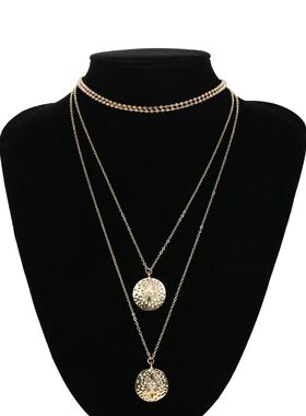 欧美跨境饰品 复古时尚麻面ID雕纹项饰品 简约多层长款吊坠项链