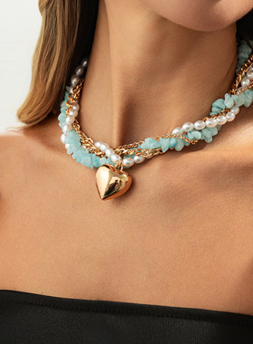 欧美跨境甜酷ins金属爱心吊坠项