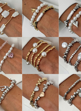 欧美跨境创意叠戴仿珍珠串珠手链
