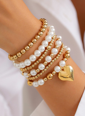 欧美跨境朋克叠戴爱心吊坠串珠手链 简约仿珍珠弹力手串bracelet