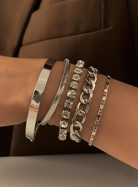 欧美跨境复古潮流蛇骨链条镶钻手链女 嘻哈朋克风金属光面手镯