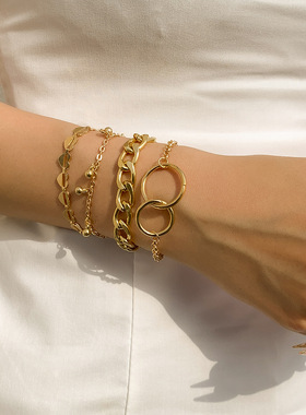 时尚个性金属双环吊球套装手链欧