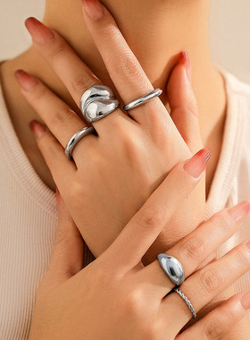 欧美跨境饰品潮流设计感几何光面水滴戒指夸张开口指环关节戒套装