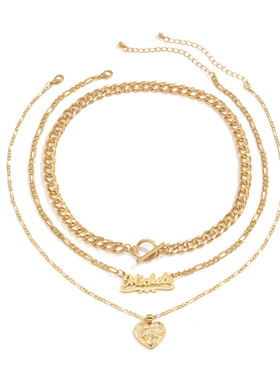 朋克风金属麻面字母桃心项链套装