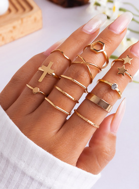 欧美跨境饰品 气质满钻小蝴蝶星月套装戒指 个性叠戴几何指环手饰